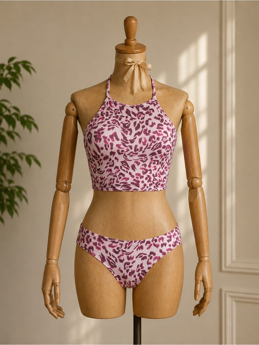 ASOS Pink Leopard High-Neck Bikini Top and Briefs